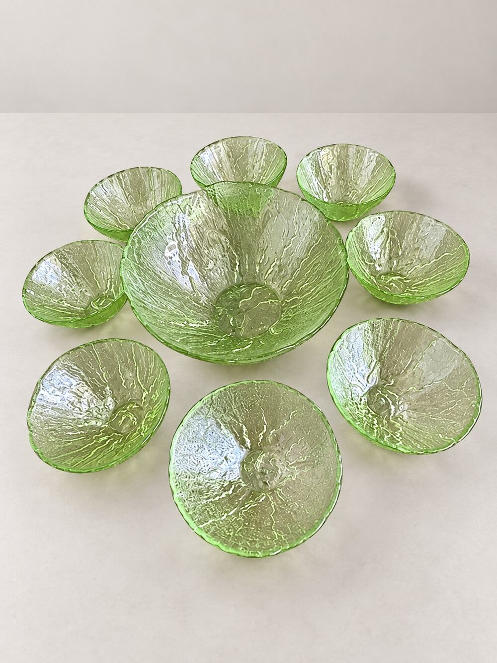 Pier 1 Green Cabbage Leaf Glass Salad Bowl Set 9 Pc Serving + 8 Bowls